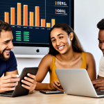 **Prompt:** A diverse group of people investing online using laptops and smartphones, some looking happy, others concerned, overlaid with a graph showing loan diversification. The scene should convey both the potential for profit and the risks of P2P lending in a modern, urban setting in Brazil. Emphasis on financial literacy.