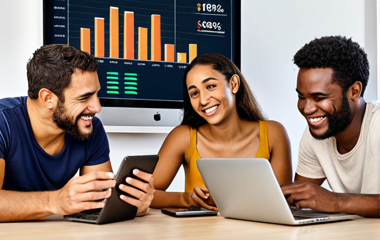 **Prompt:** A diverse group of people investing online using laptops and smartphones, some looking happy, others concerned, overlaid with a graph showing loan diversification. The scene should convey both the potential for profit and the risks of P2P lending in a modern, urban setting in Brazil. Emphasis on financial literacy.