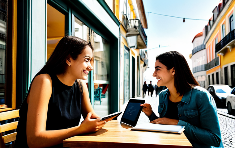 PP 대출 투자자의 성공적인 투자 케이스 - A captivating scene set in a sun-drenched, modern café in Lisbon, Portugal. A young Portuguese woman...