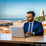 Home 21 PP 대출과 대체 투자 기법 비교 - A modern Portuguese real estate investor in a stylish office overlooking Lisbon cityscape, analyzing...