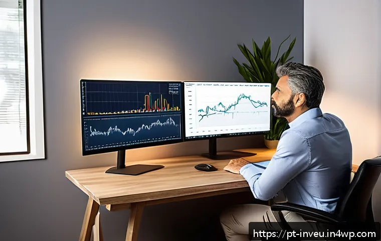 PP 대출 투자에서의 감정 관리 - A professional Brazilian investor sitting at a modern home office desk with multiple monitors displa...