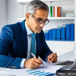 Home 18 PP 대출 투자에서의 정보 비대칭 문제 - A professional investor sitting at a sleek modern desk in a bright office, analyzing detailed financ...